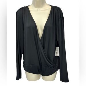 Black Tape Long Sleeve V Neck Faux Wrap Bodysuit - Black - size 1X
